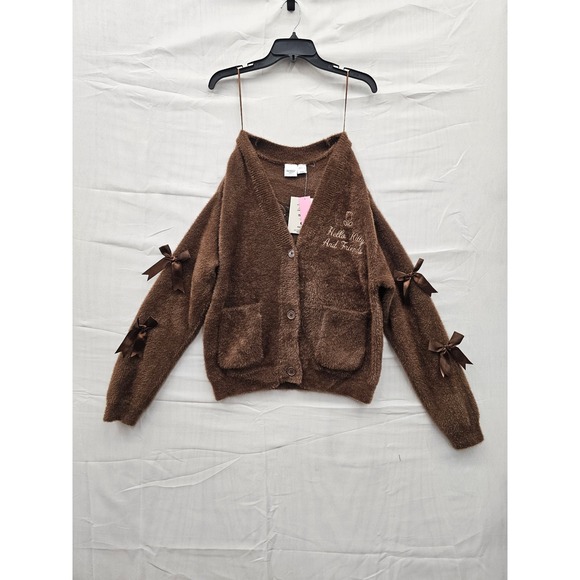 Sanrio Sweaters - Sanrio Hello Kitty and Friends Brown Fuzzy Cardigan Bows XL KTHK015GLB NWT